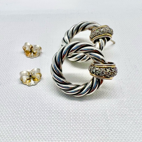 David Yurman Sterling Silver 18k Diamond Cable Door Knocker Earrings - Picture 7 of 12